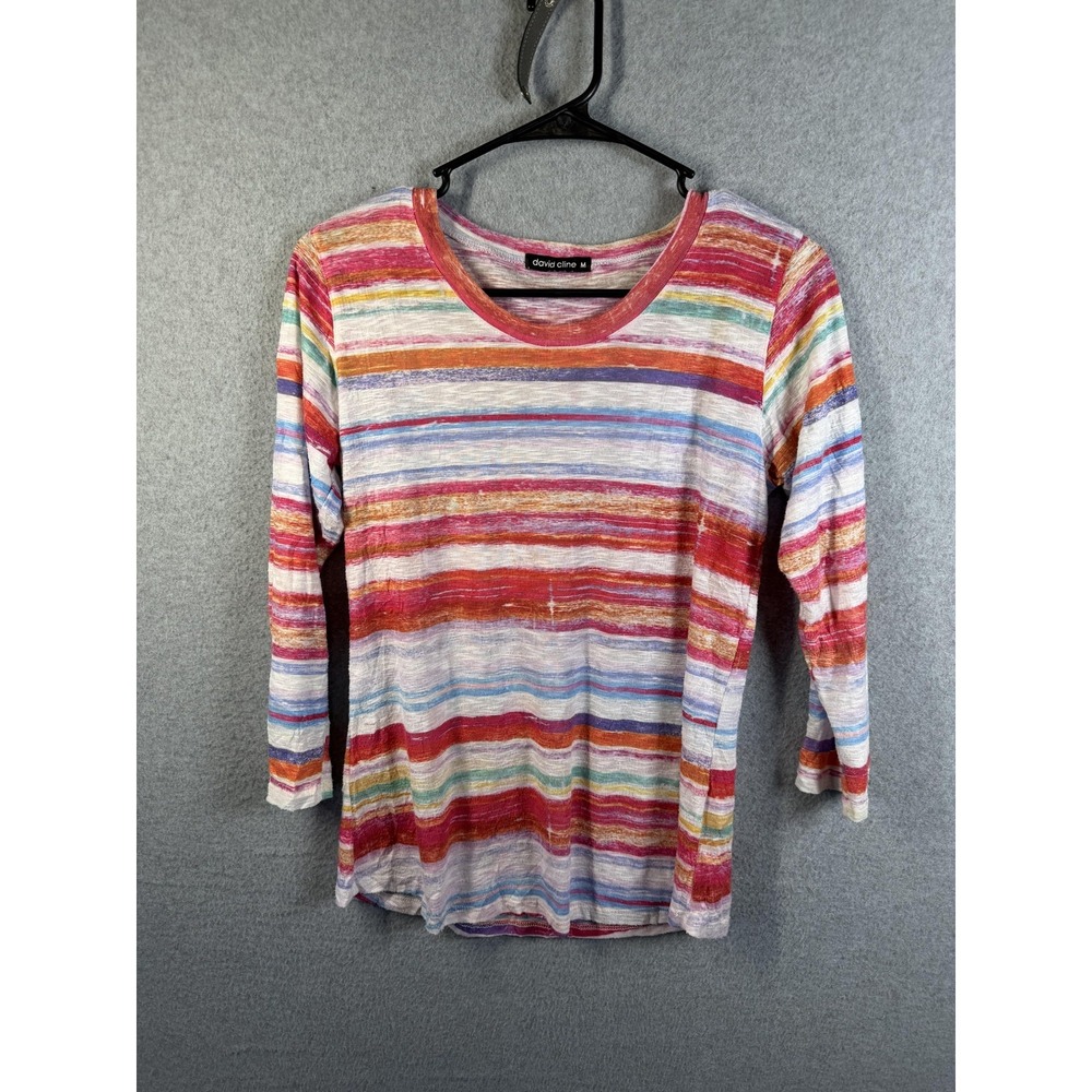 David Cline Shirt Womens Medium Multicolor Stripe 3/4 Sleeve‎ Scoop Neck Top